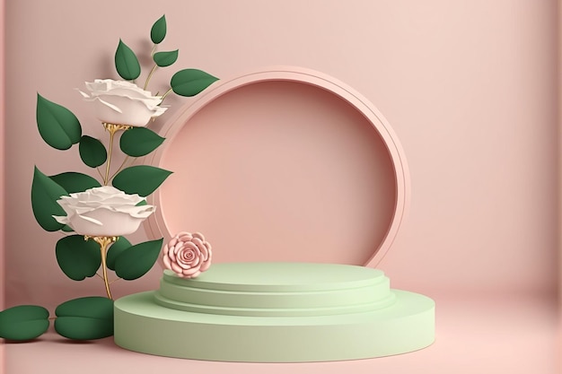 Podium 3D de la Saint-Valentin pour l'affichage du produit fleurs roses roses avec fond. Piédestal minimal pour la beauté, modèle d'espace de copie féminin créé avec la technologie générative ai.
