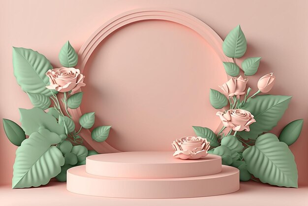 Podium 3D de la Saint-Valentin pour l'affichage du produit fleurs roses roses avec fond. Piédestal minimal pour la beauté, modèle d'espace de copie féminin créé avec la technologie générative ai.