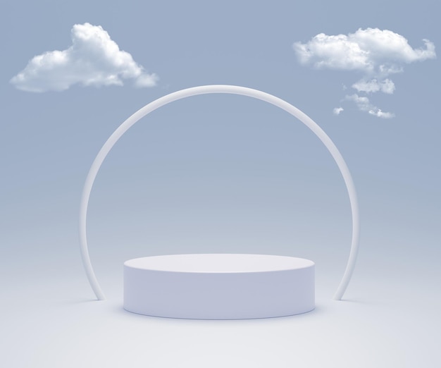 Podium abstrait 3D avec des anneaux et de vrais nuages incroyables