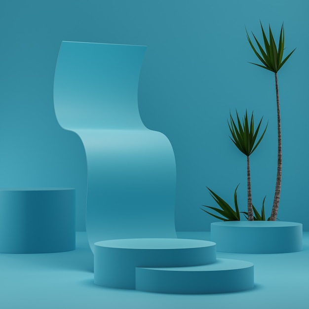 Podium abstrait bleu avec des arbres tropicaux sur chambre cyan