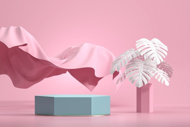 Photo podium abstrait pour vitrine d'affichage de produit avec pot de monstera et tissu en fond de studio rose rendu 3d