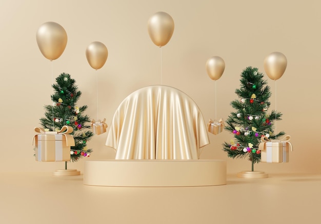 Podium abstrait en tissu vide sur fond d'or avec arbre cadeau ballon épouser le piédestal de la plate-forme d'affichage de Noël pour la présentation du produit cosmétiques de luxe vitrine du nouvel an illustration de rendu 3d