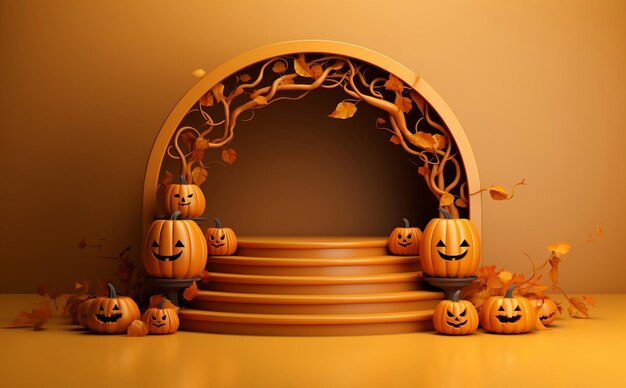 Podium d'affichage 3d d'halloween avec citrouille jack o lantern