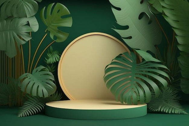 Podium d'affichage beige sur fond vert avec décor de plantes tropicales Generative AI