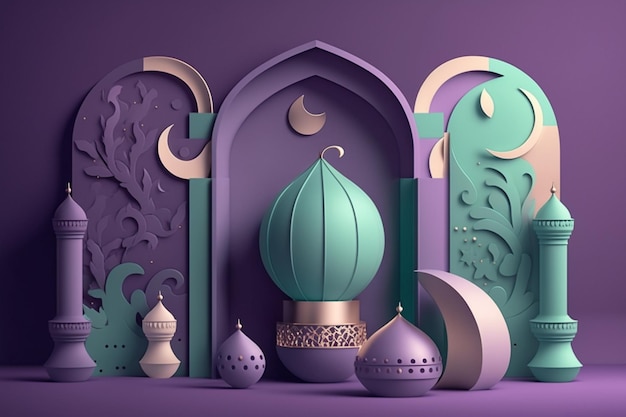 Le podium d'affichage dans la bannière de vacances islamique moderne 3D est décoré d'une lune en métal de lanterne du Ramadan et d'un portail de mosquée dans un design monotone bleu et rose Generative Ai