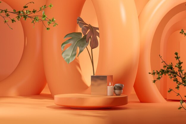 Podium d'affichage du produit avec des feuilles en acier inoxydable et tropicales Scène de couleurs corail pastel rendu 3d