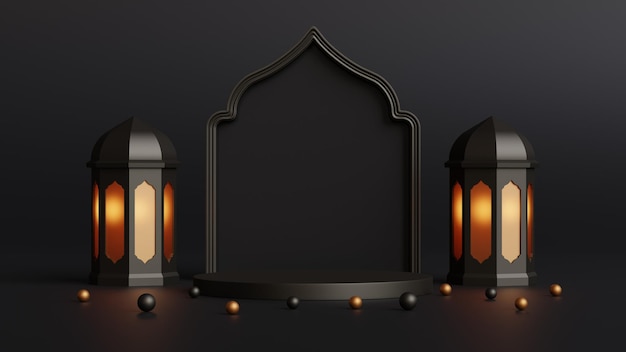 Podium d'affichage de fond islamique ramadan eid avec fenêtre arabe et espace de copie de lanterne d'illustration 3d