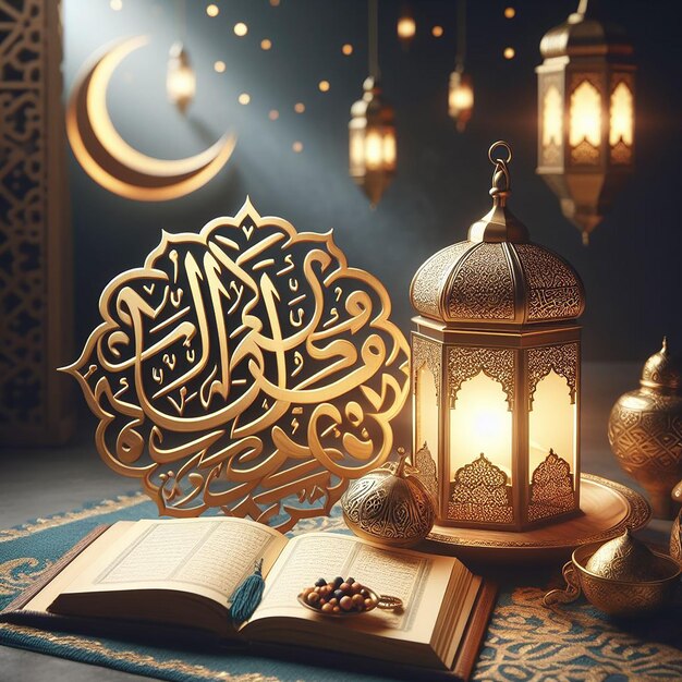 Podium d'affichage avec lanterne de Ramadan lune métallique et portail de mosquée Calligraphie Eid Mubarak