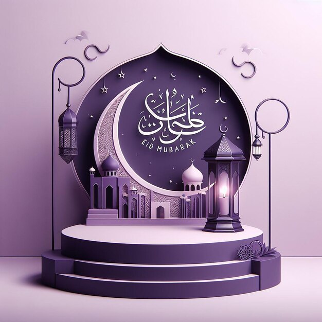 Podium d'affichage avec lanterne de Ramadan lune métallique et portail de mosquée Calligraphie Eid Mubarak