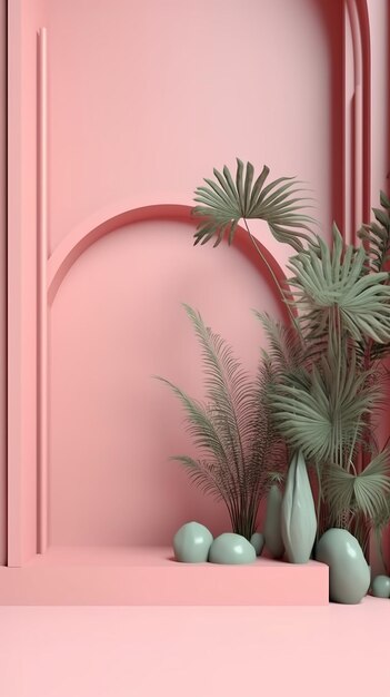 Podium d'affichage minimal avec vitrine de produits de plantes et de fleurs tropicales