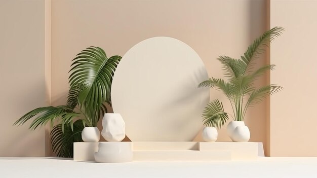 Podium d'affichage minimal avec vitrine de produits de plantes et de fleurs tropicales