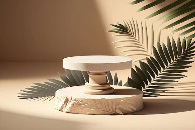 Podium d'affichage en pierre 3D sur fond beige feuilles de palmier génération AI