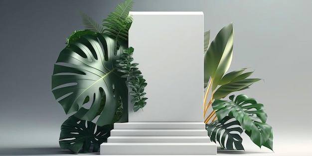 Podium d'affichage de produit pour produit naturel Scène vide avec des feuilles tropicales IA générative