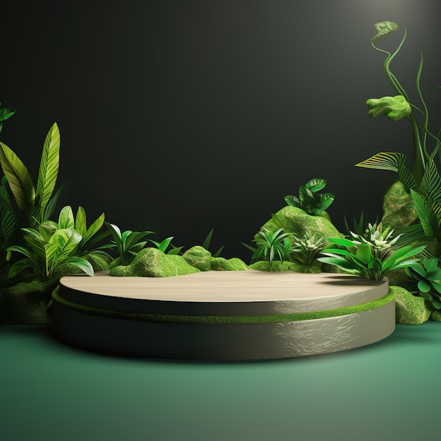 Podium d'affichage de produit de rendu 3D nature avec fond de forêt