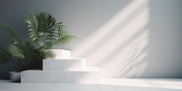 Podium d'affichage de produits blancs avec des feuilles de palmier nature Generative AI