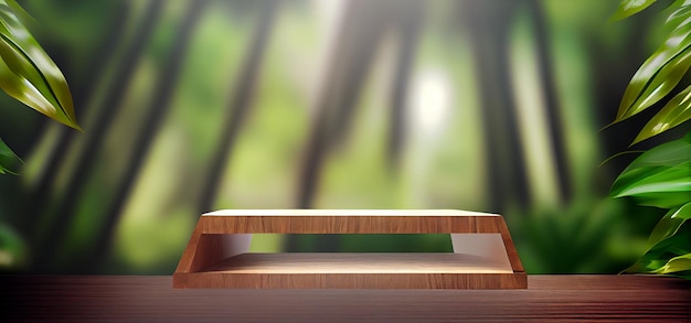 Podium d'affichage de produits en bois avec des feuilles de nature floue sur fond vert rendu 3D