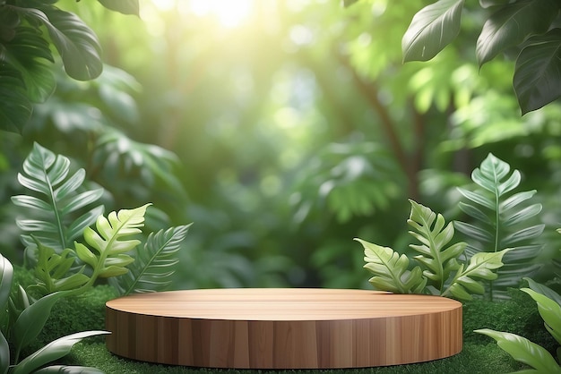 Podium d'affichage de produits en bois avec des feuilles de nature floues en arrière-plan rendu 3D