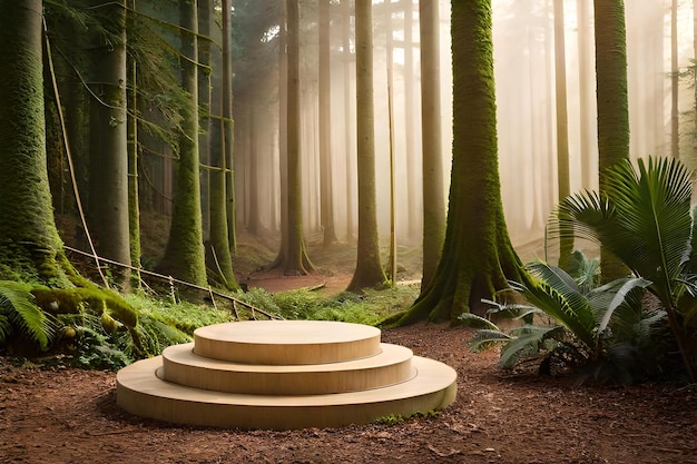 podium d'affichage de produits en bois photo avec fond de feuilles de nature floue