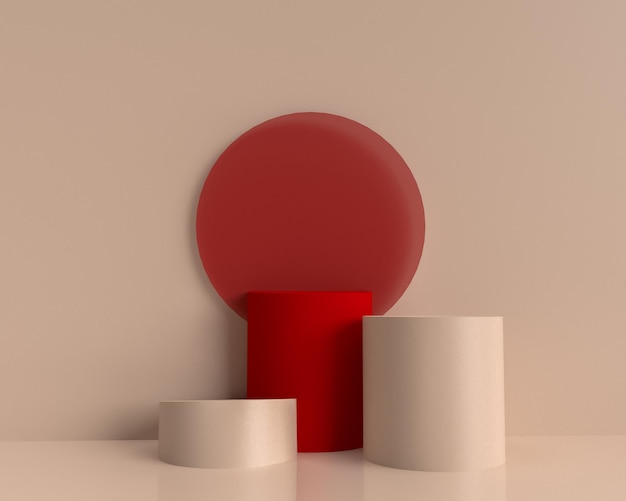 Podium d'affichage de produits en pierre sur fond beige avec podium rouge. Rendu 3D