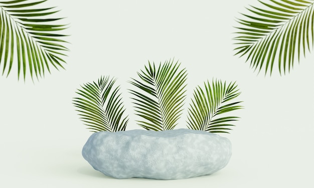 Podium d'affichage de produits rock avec fond de feuilles tropicales. rendu 3D