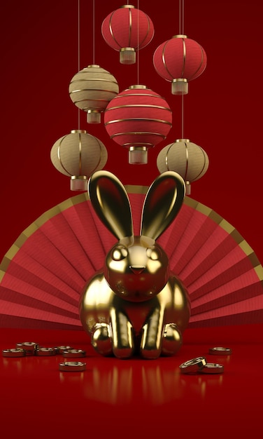 Photo podium de l'année du lapin avec éventail en papier rouge et lanternes