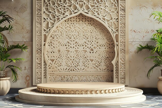 Podium arabesque dans un intérieur de style islamique idéal pour les expositions de fêtes religieuses