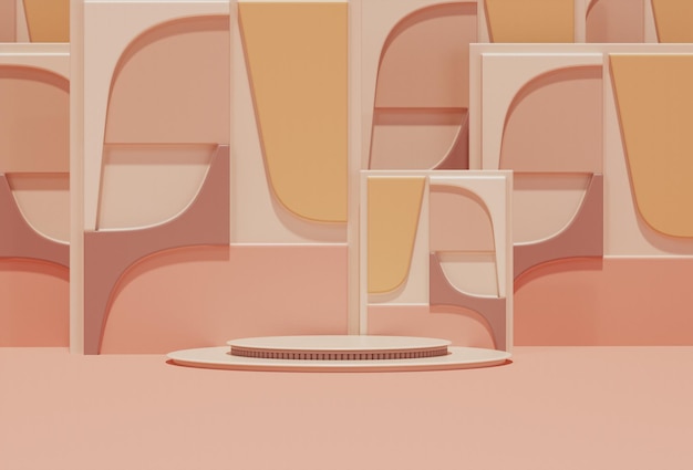 podium en arc et arrière-plan abstrait. Scène de couleurs blanc et beige, rose. Rendu 3d tendance pour les réseaux sociaux