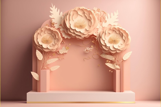 Podium d'art en papier rose et fleur Socle en stuc de scène de produit avec mur floral Plate-forme 3D