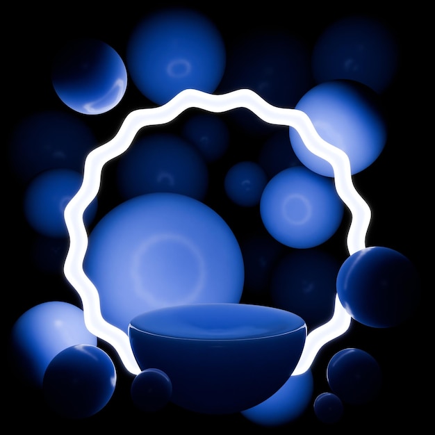 Podium au néon bleu et blanc avec des sphères