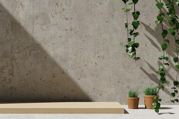 Un podium de base en bois rectangulaire avec des murs et un sol en béton et une plante à côté rendu 3d