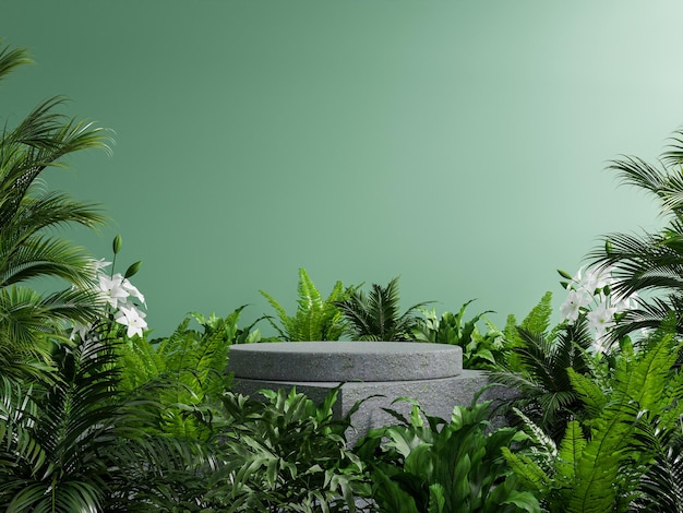 Photo podium en béton dans la forêt tropicale pour la présentation du produit et le rendu wall3d vert