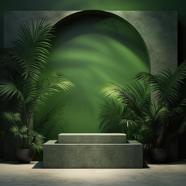 Podium en béton dans une forêt tropicale pour la présentation de produits sur un mur vert IA générative