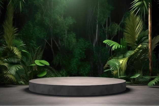Podium en béton en forêt tropicale pour présentation de produit AI
