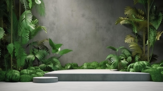 Un podium en béton avec un mur vivant est situé dans une forêt tropicale3d rendant The Generative AI