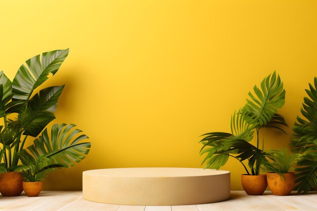 Podium en béton vide plantes et feuilles vertes Vitrine pour la présentation de produits cosmétiques