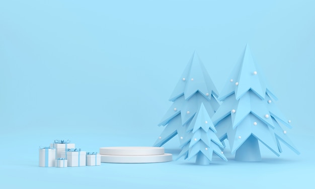 podium blanc arbre de Noël neige et coffrets cadeaux au festival de noël sur fond bleu