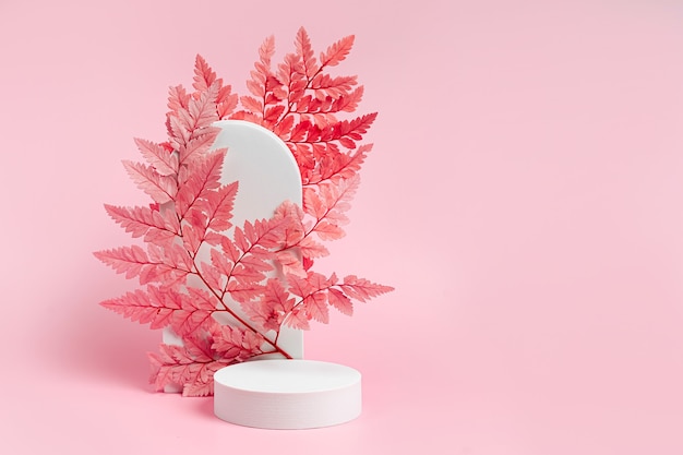 Podium blanc avec branche de feuilles et arc pour montrer les produits cosmétiques