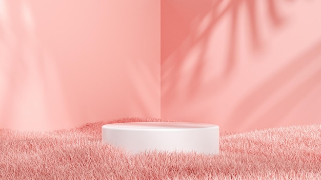 Photo podium blanc dans une pièce avec support fantaisie en herbe rose dans une lumière rose tendre avec des ombres sur le mur