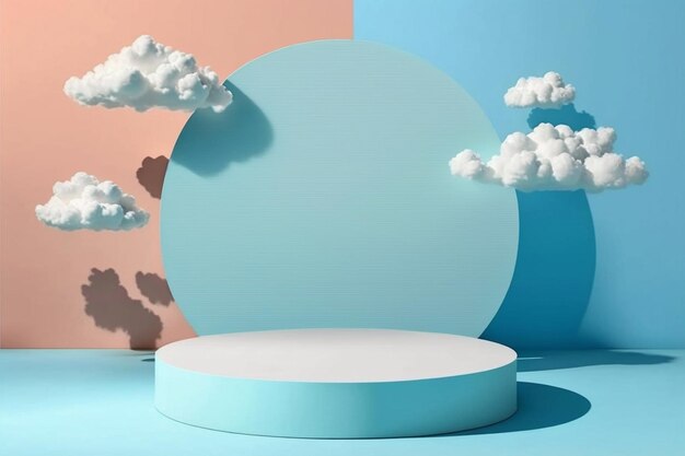 Podium blanc avec décorations rondes et nuages sur fond orange et bleu ciel Generative AI