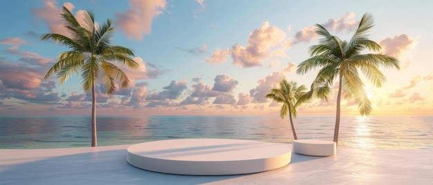 Un podium blanc et élégant surplombe une plage tropicale tranquille encadrée de palmiers balancés contre un ciel au coucher du soleil aux teintes roses et bleues.