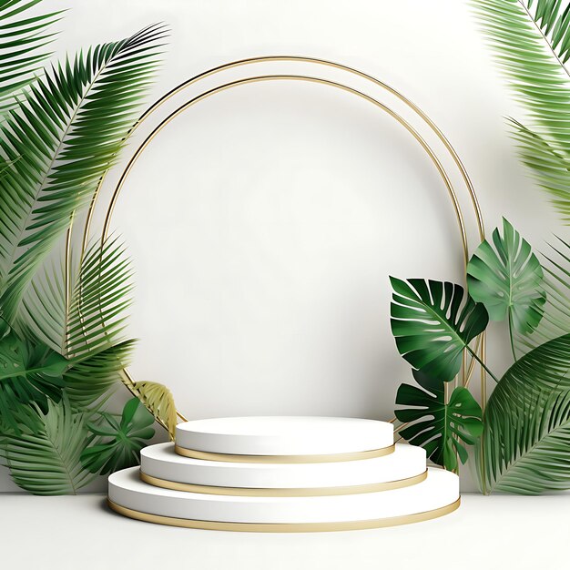 Podium blanc avec des feuilles de palmier tropical vert et une arche ronde dorée