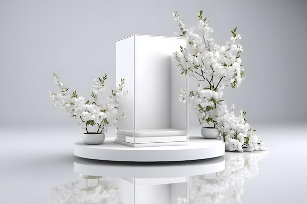 Un podium blanc avec des fleurs au milieu.