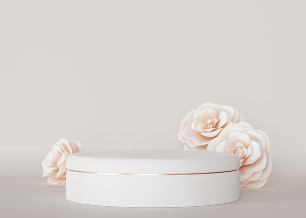Podium blanc avec des fleurs sur fond beige Couleurs pastel Scène pour la présentation cosmétique du produit Maquette minimaliste Plate-forme de piédestal pour les produits de beauté Scène vide Vitrine 3D
