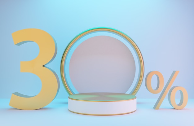 Podium blanc et or et texte 30% pour la présentation du produit et arche dorée sur mur blanc avec éclairage style luxe de fond.,Modèle 3d et illustration.