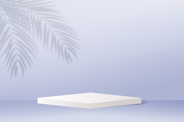 Podium blanc de rendu 3D pour l'affichage du produit avec une ombre de feuille tropicale sur fond bleu clair