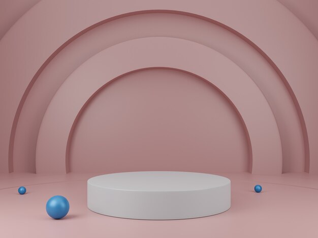 Podium blanc, socle rond et décoration boule bleue sur fond rose vitrine, présentation produit. Rendu 3D.