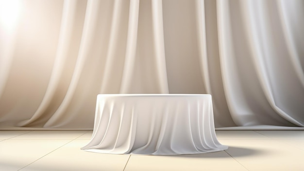 podium blanc sur sol en bois et fond de rideau