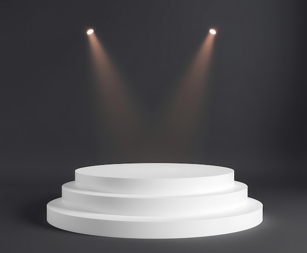 Podium blanc à trois niveaux sous les projecteurs sur un fond sombre