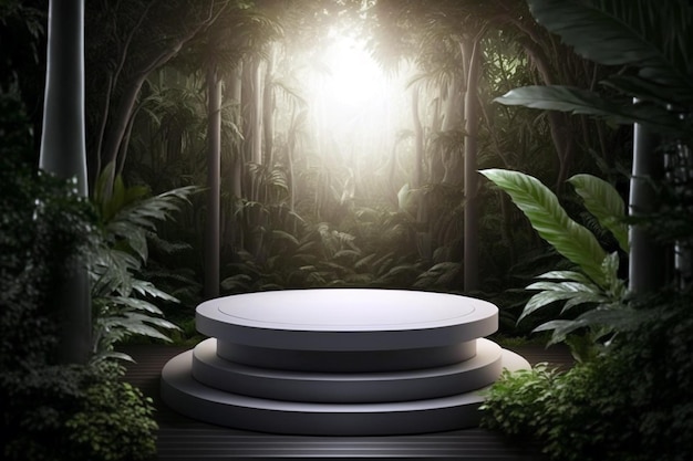 Podium blanc vide dans une forêt tropicale avec la lumière du soleil pour la présentation du produit