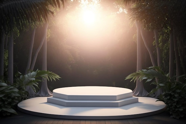 Podium blanc vide dans une forêt tropicale avec la lumière du soleil pour la présentation du produit